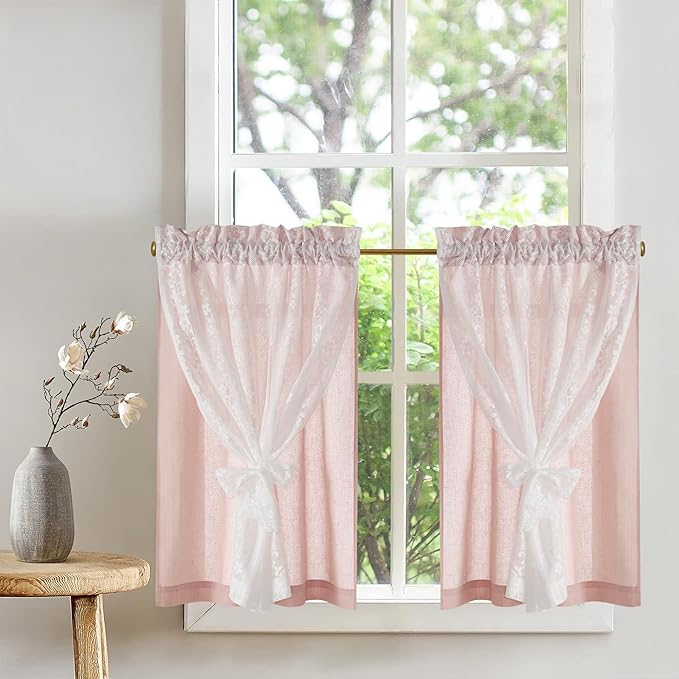 PONY DANCE Linen Pink Short Curtains for Living Room, Farmhouse Thermal Insulated Room Darkening Curtains, Double Layer Curtain for Girls' Bedroom, 29W x 36L, Blush Pink, 2 Panels