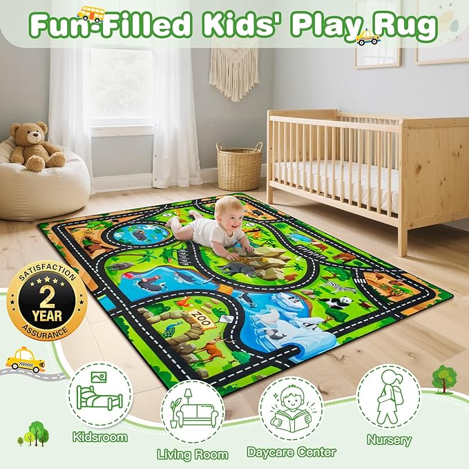 Kids Rug, 3x5 Ft Animal Car Rugs for Kids Toy Cars, Extra Thick (0.4in) - Non-Slip Zoo Road Rug Mat Carpet for Playroom & Bedroom, Educational Learning & Game Area