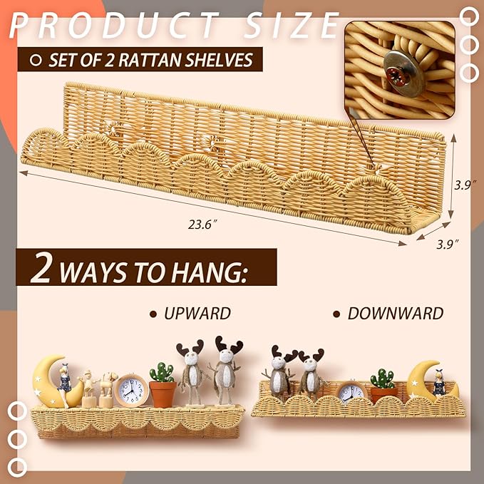Pinkunn 4 Pcs Nursery Book Shelves 23.6 Inch Rattan Scalloped Floating Bookshelves Wicker Boho Book Shelf for Wall Mounted Decor Nursery Rooms Hanging