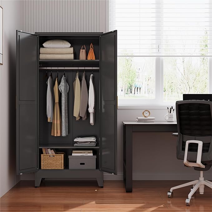 Metal armoire Wardrobe Closet with Hanging Rod,71'' Metal Wardrobe Cabinet with 2 Doors and 2 Adjustable Shelves, Bedroom armoires,Laundry Room cabinets,armario de ropa Closet