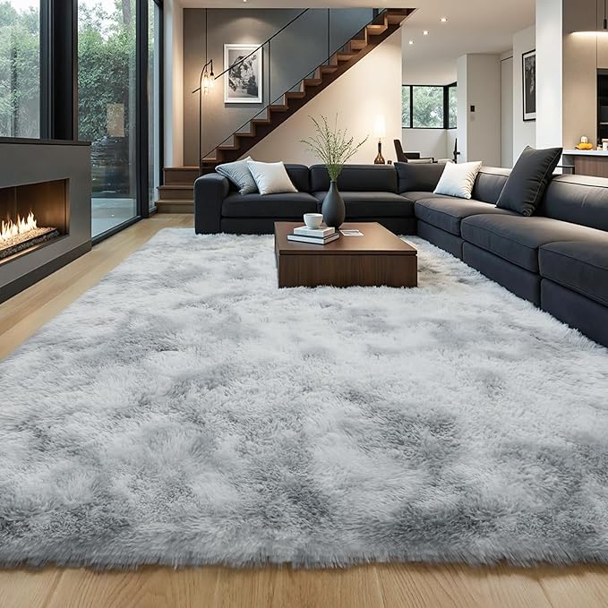 Grey Fluffy 9x12 Large Area Rugs for Bedroom Living Room, Tie-Dye Light Gray Soft Washable Shag Carpet for Kids Room, Nursery, Dorm Decor, Colorful Cute Plush Fuzzy Rugs for Baby Toddler