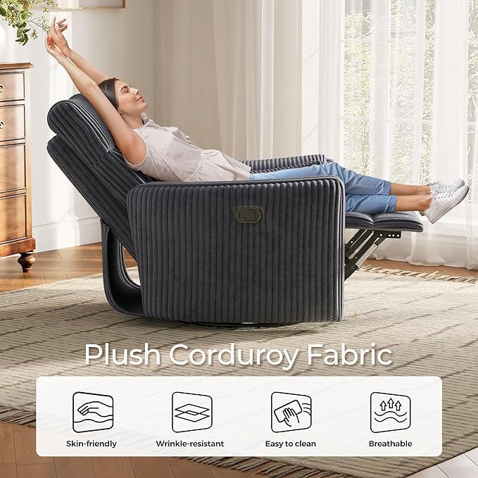 LINSY HOME 360 Swivel Nursery Rocking Chair with 2 Pillows, Corduroy High Back Adult Recliner for Small Spaces, Nursery Glider Rocker Chair, Bedroom Living Room Reclining Chairs (Grey)