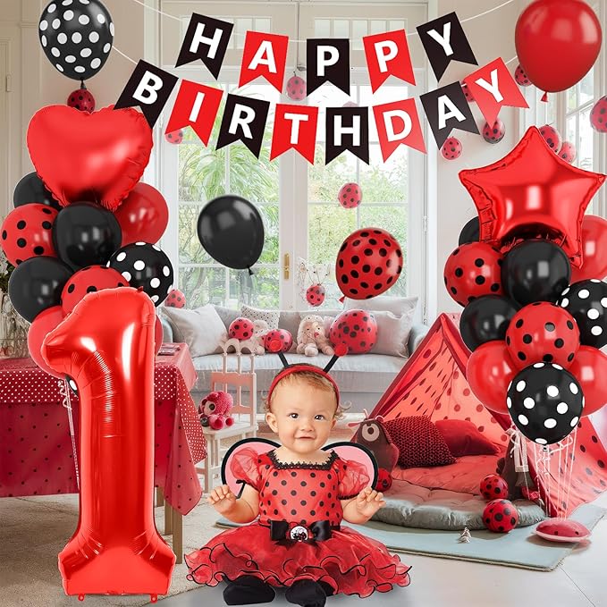 Black Red 1st Birthday Decorations for Kids, 40 Inch Large Number 1 Balloon Black Red Polka Dots 1st Birthday Balloons for Boy Girl 1 Year Old Baby Shower Cartoon Theme Party Decorations