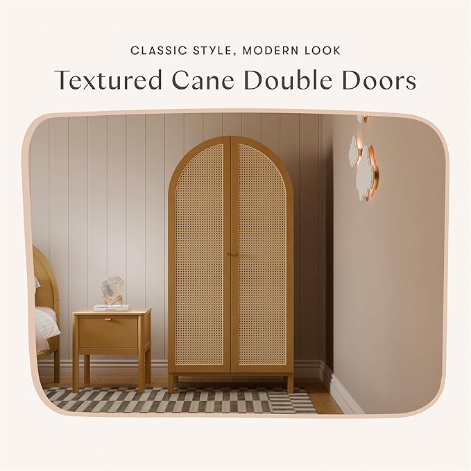Babyletto Bondi Cane Armoire Wardrobe Closet with Doors | Modern Pre-Assembled Spacious Wooden Wardrobe Cabinet w/ 4 Storage Shelves | Wood Closets for Bedroom & Nursery - Honey