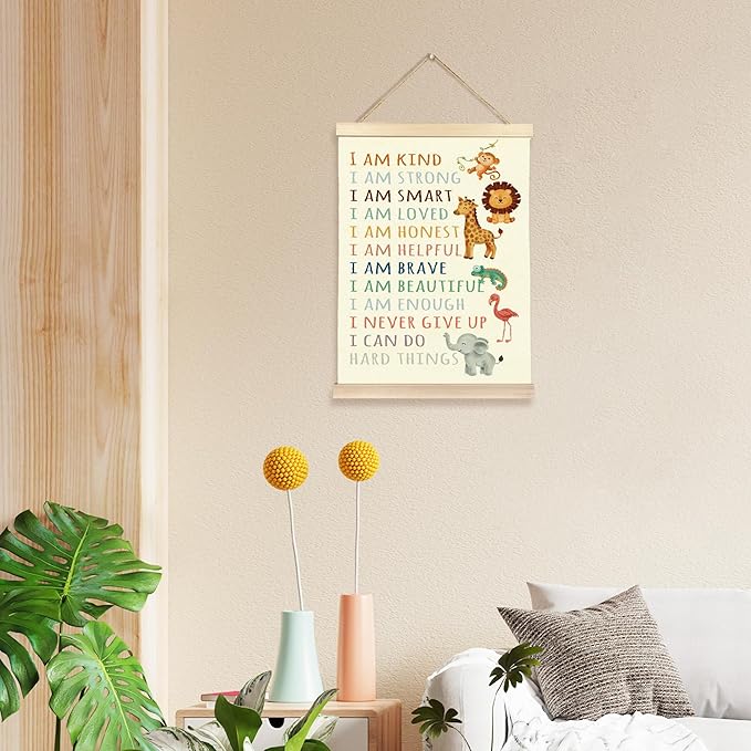 Hiuwevt Positive Affirmations Wall Art, I Am Kind Inspirational Poster Hanger Frame, Baby Wild Animal Nursery Wall Art Home Decor for Kid Boys Girls Toddler Nursery Room Bedroom Playroom, 12x16 Inch