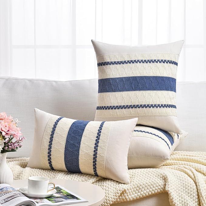 Fancy Homi Set of 2 Dusty Blue Vintage Big Decorative Throw Pillow Covers 24x24 Inch for Couch Bed Sofa Chair Bedroom, Rustic Retro Square Cushion Case, Modern Farmhouse Boho Living Room Decor Indoors