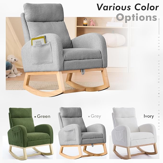 FOXHUNTER Rocking Chair for Nursery with High Backrest & Foot Rest-Nursery Rocking Chairs with Side Storage Pocket for Breastfeeding,Modern Glider Chair for Baby Bedroom,Living Room,Teddy Grey