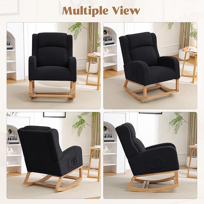 Rocking Chair Nursery, Nursing Rocking Chairs for Mom Nursery, Comfy Wingback Glider Rocking Armchair with Foot Rest and Side Pocket for Nursery Living Room Bedroom, Teddy Black