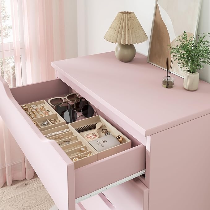 Pink Tall 5 Drawer Dresser for Bedroom with Hidden Storage Design, Large Modern Closet Dressers & Chests of Drawers with Cut-Out Handles, 27.6" L*15.8" W*45.3" H for Bedroom, Living Room, Nursery