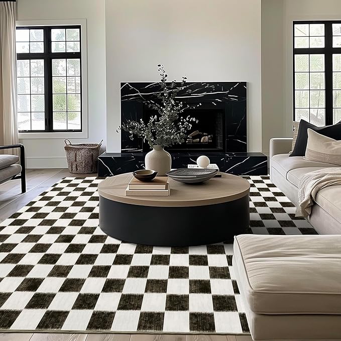 EverGrace Checkered Plaid Area Rug 8x10, Soft Fuzzy Faux Wool Rugs Washable Anti Slip Rugs Large Rug Carpet for Entryway Bedroom Living Room Hallway Kitchen and Laundry Room, Black and White