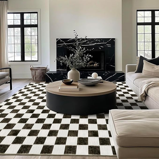 EverGrace Checkered Plaid Area Rug 8x10, Soft Fuzzy Faux Wool Rugs Washable Anti Slip Rugs Large Rug Carpet for Entryway Bedroom Living Room Hallway Kitchen and Laundry Room, Black and White