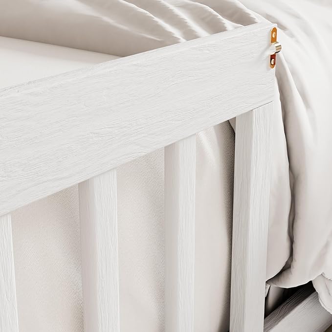 Merax Wooden House Bed, Floor Bed with Fence and Door,Full Guardrail, Full Size, White