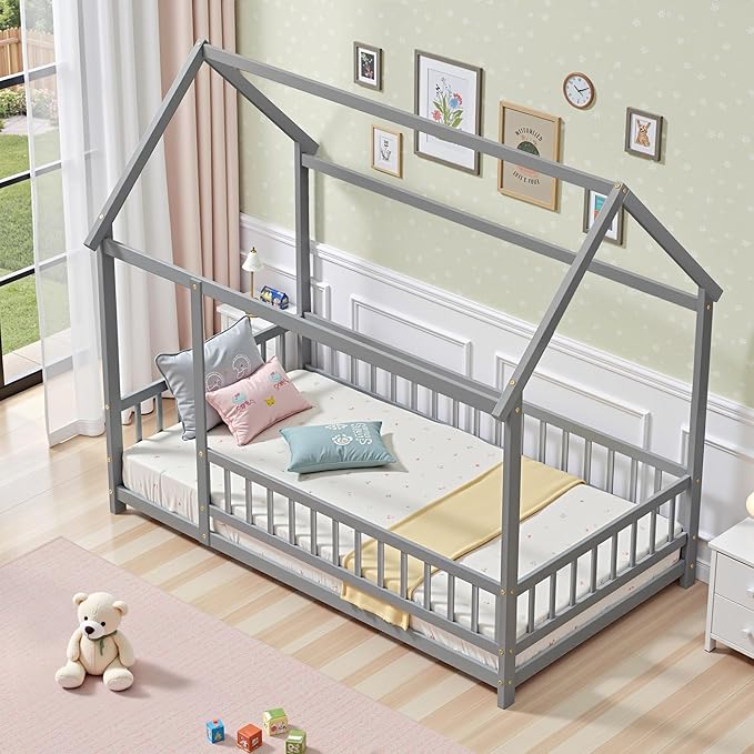 LLS Twin Floor Bed Frame with Roof, Wooden Montessori Bed with Fence, House Bed for Boys Girls Bedroom, Gray