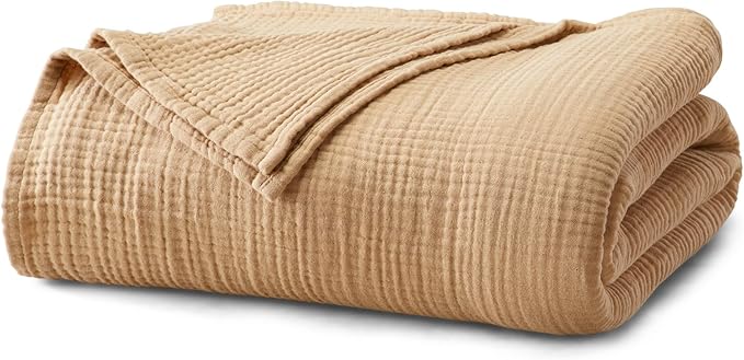 100% Cotton Muslin Full Queen Size Blanket | Soft, Breathable, and Lightweight Bed Blanket for All-Season | Perfect for Layering | Maria Collection (Full/Queen, Beige)