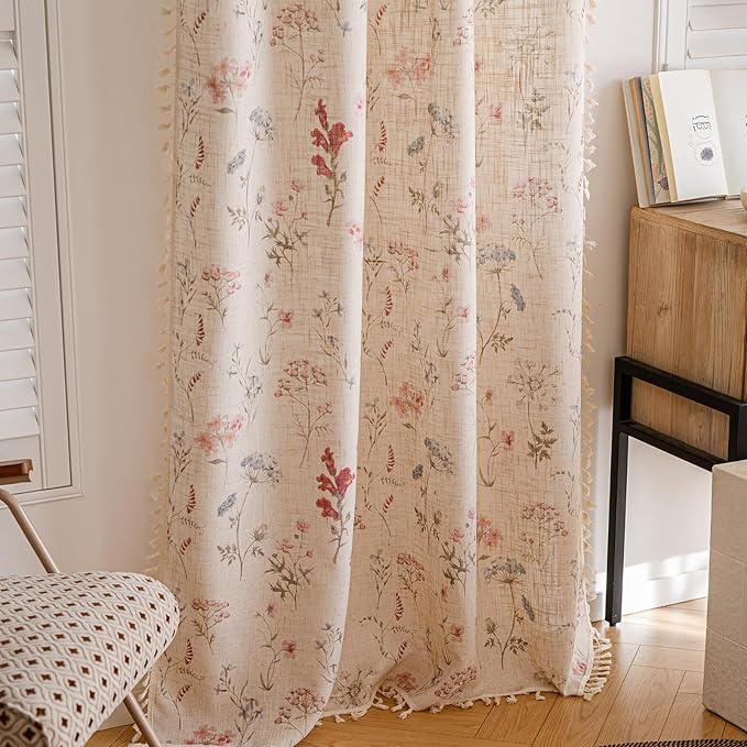 OYX Floral Curtains 2 Panels 52x84 Inches, Boho Tassel Semi-Sheer Light Filtering, Rod Pocket Farmhouse Window Drapes for Bedroom Living Room Dining Room, Bohemian Aesthetic Decor