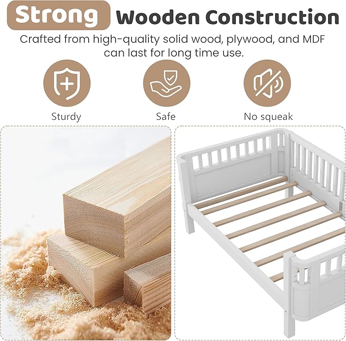 Twin Bed Frame with Rails for Kids, Wood Montessori Bed Twin with 2 Storage Drawers &Slats Support, Modern Daybed with Removable Bed Rails for Girls Boys Bedroom Living Room, White