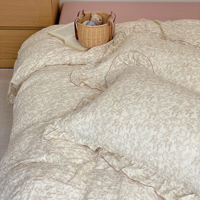 AOJIM Muslin Cotton Duvet Cover with Forest Themed Patterns, Pure Cotton Super Soft Comforter Cover 79X90'', Ruffled Edge Bedding Duvet Cover 2-Layer Gauze for Kids Adults, No Quilt or Pillowcases