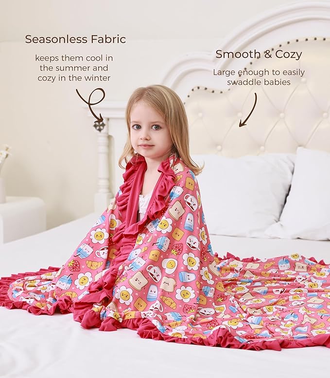 Premium Baby Blankets, Soft Viscose from Bamboo Blanket for Girls, Nursery Crib Bedding Quilt for Newborn and Toddler, Ruffle Blanket Cooling for Hot Sleepers, 50''x50'' Pink Breakfast