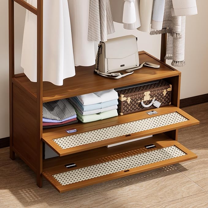 Garment Rack with Drawers,Cute Clothing Rack,Bamboo Clothes Rack,Clothes Rack Hanging,Wardrobe Closet for Entryway Guestroom Kids Bedroom (27.6inch Width Tawny with Rattan Door)