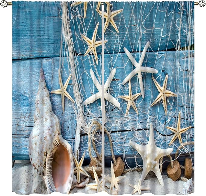 Marine Life Blackout Curtains Watercolor Water Grass Shell Print Curtains for Living Room Bedroom Privacy Curtains 63x72 Inches