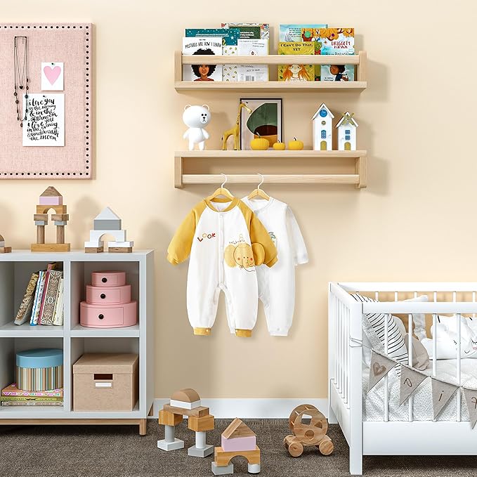 Heimlove Nursery Floating Shelves, Solid Wood Nursery Book Shelves for Wall, 16 inch Bookshelf for Kids, Mounted Shelves for Books,Toys and Decor Storage, Set of 2