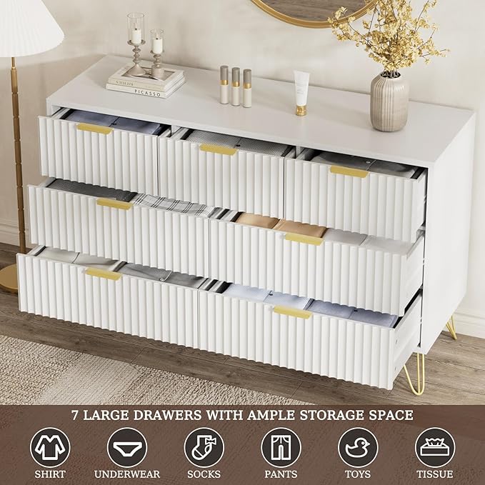 LYNSOM Fluted Dresser for Bedroom, White 7 Drawer Dresser with Gold Handles and Wide Drawers, Wood Chest of Drawers for Bedroom, Hallway