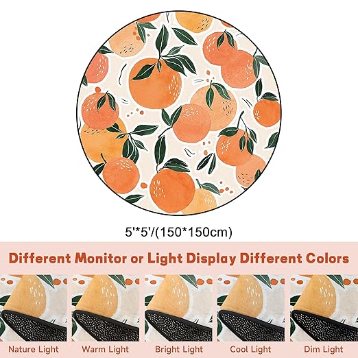 Fruit Orange Round Rug Tangerine Circle Rugs for Bedroom Dorm Living Room Area Rug Floor Mat Pad Doormat Carpet, 5'X5'(150X150cm)