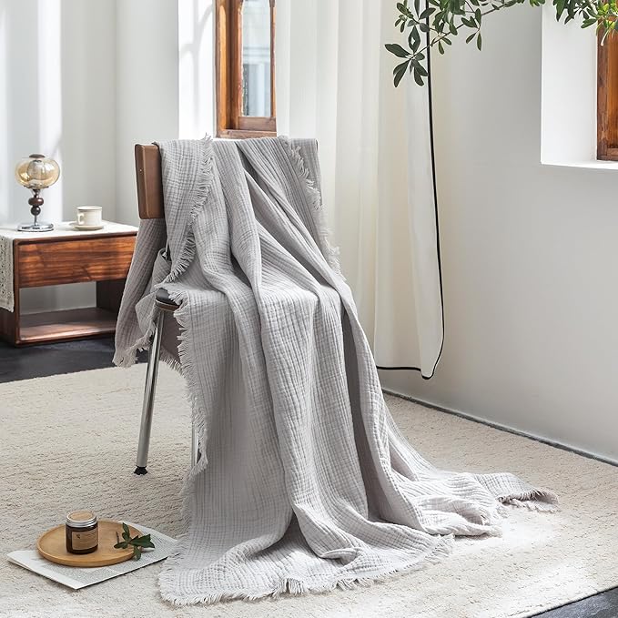 FOSSA Muslin Blanket with Fringe - 4-Layer 100% Cotton Gauze Super Soft & Breathable Throw -Lightweight Decorative Cooling Blanket for Bed, Sofa, Office (Grayish, King (104" × 90"))