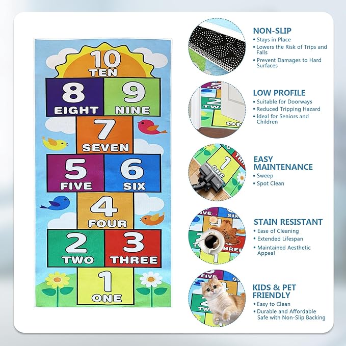Hop Scotch Inside Rug for Kids, Hopscotch Rug for Kids, Non-Slip Indoor Play Mat, 23.6x47.2 In, Durable & Easy to Clean, Perfect for Bedrooms, Playrooms, Daycares, Preschools – Fun Learning & Play