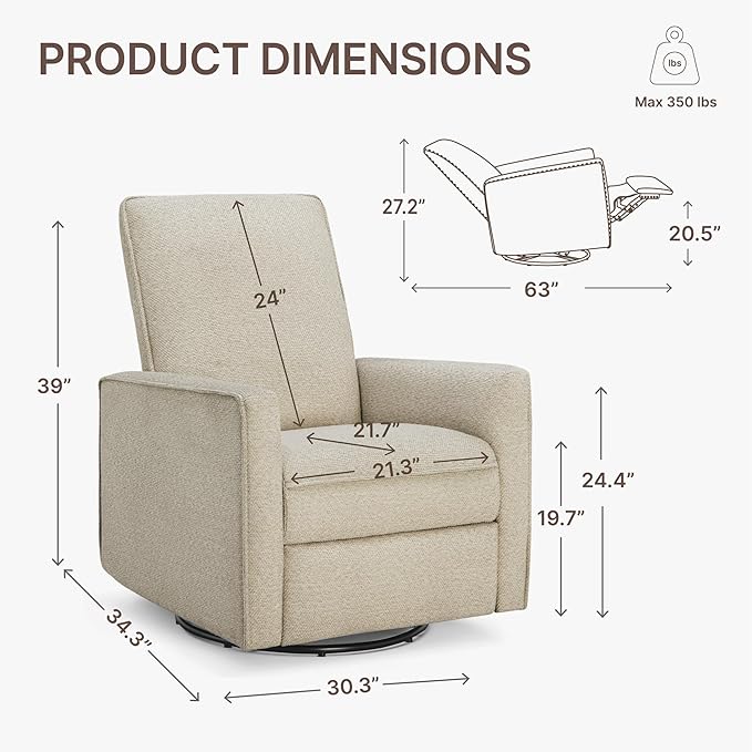 Swivel Rocker Recliner Chair, Nursery Glider Recliner Manual Rocking Comfy Upholstered Fabric Reclining Single Sofa for Nursery Bedroom Living Room