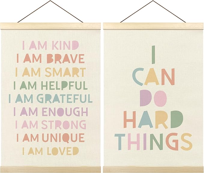 Pastel Boho Kids Wall Art Decor, I Can Do Hard Things Positive Affirmations Poster Hanger Frame for Kids Room Bedroom Nursery Playroom Classroom Wall Decor, 12x16 Inch Set of 2
