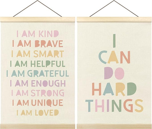 Pastel Boho Kids Wall Art Decor, I Can Do Hard Things Positive Affirmations Poster Hanger Frame for Kids Room Bedroom Nursery Playroom Classroom Wall Decor, 12x16 Inch Set of 2