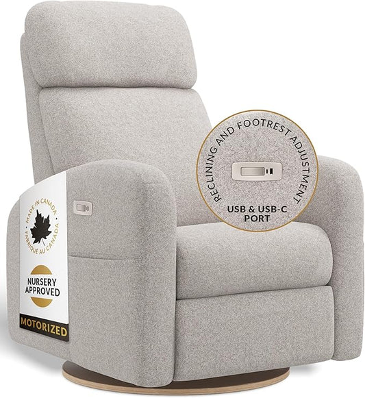 Jaymar Hailey Modern Nursery Glider Recliner Chair (Motorized) – Cozy Nursing Chair with 180° Swivel for New Parents, High Back & Low Armrests, Adjustable headrest, Canadian Made (Arlo Heather Pearl)