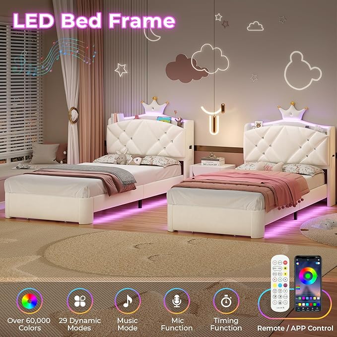 MSmask Twin LED Bed Frame with Storage Headboard & Drawer, Princess Upholstered Bed with Charging Station & Crystal Button & Crown, Velvet Platform Bed for Girls, Solid Wood Slats, Curved Legs, White