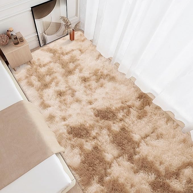 3x10 ft Plush Tie Dyed Light Brown Rug Soft Bedroom Runner Fluffy Cream and Brown Rug for Bedroom Bedside Living Room Hallway Nursery Kids Home Decor Shag Carpet