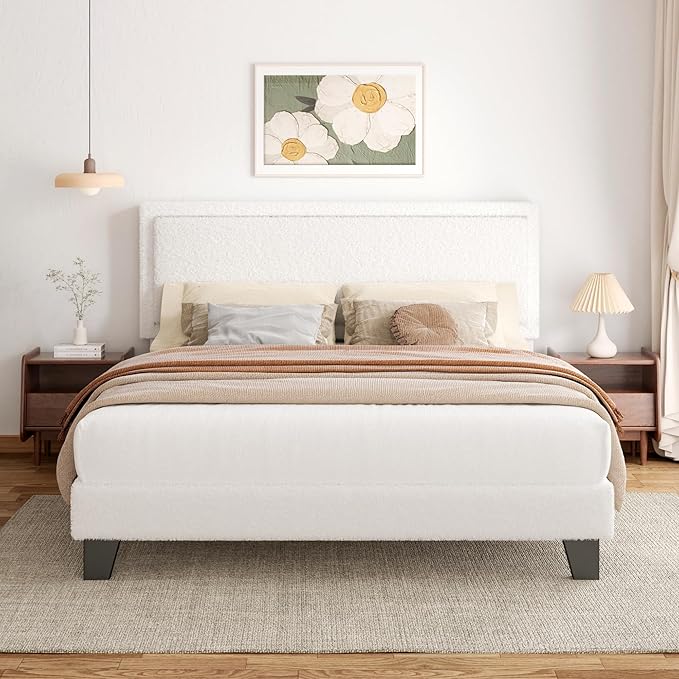 King Size Bed Frame, Upholstered Platform Bed with Adjustable Headboard, Soft Boucle Fabric, Modern Style, No Box Spring Required, Easy Assembly, Off-White