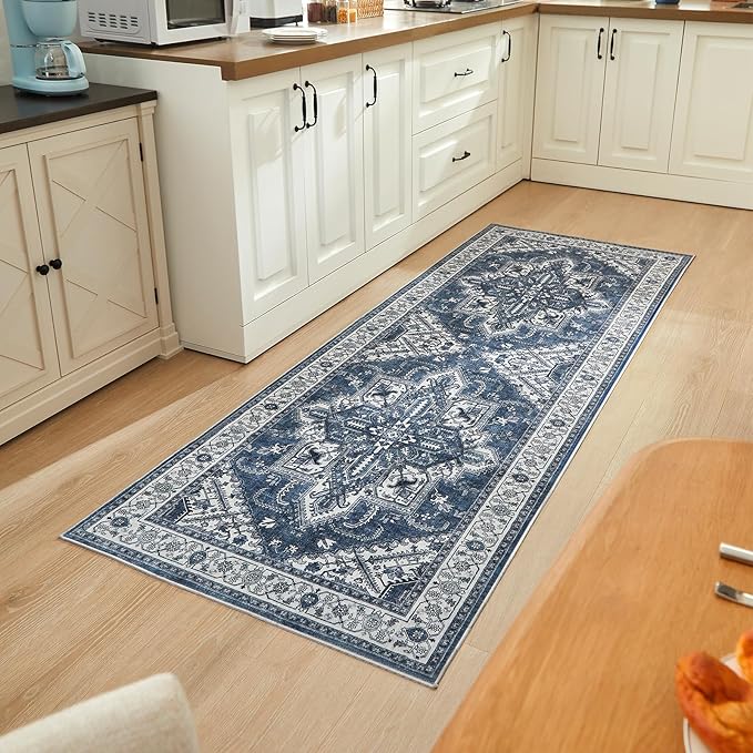 WITSHOCK Living Room Area Rugs 3x8: Washable Rug Boho Soft Non-Slip Low Pile Stain Resistant Foldable Carpet for Bedroom Playroom Dining Room Office Kitchen Farmhouse Home Decor Rug-Blue