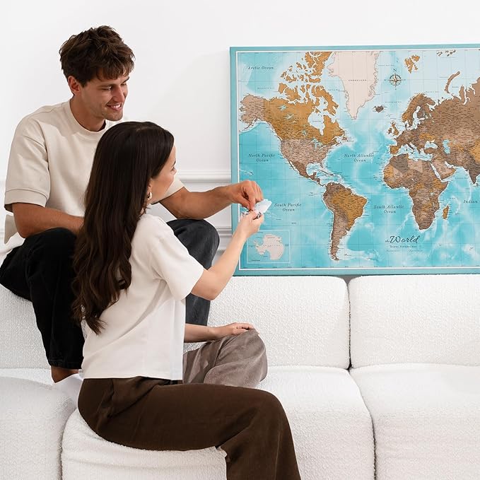 Canvas World Map with Cork Pin Board - English Lettering - Decorative Wall Decoration for All Rooms - Canvas Pictures with World Map Motif (90x60 cm, Pattern 10)