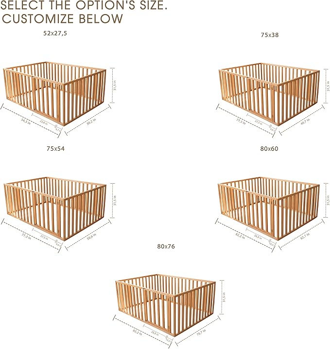 BUSY WOOD Montessori Bed for Toddlers with Railings 31,4 in - Floor Bed Frame for Kids - Platform Bedframe Small, Twin, Full, Queen, King Size (Model 20)