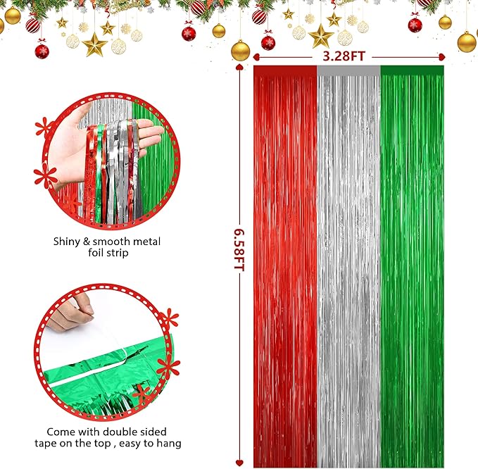 2 Pack Christmas Metallic Tinsel Foil Fringe Curtains, Door Streamers Photo Booth Backdrop for Birthday Party, Tinsel Curtain Backdrop for Christmas Theme Party Decorations, Red Silver and Green