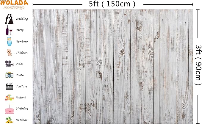WOLADA 5x3FT Vintage Wood Backdrop Retro Rustic White Gray Wooden Floor Backdrops for Photography Kids Adult Photo Booth Video Shoot Vinyl Studio Prop 11890