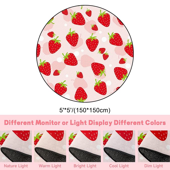 5Ft Strawberry Round Rug Kwaii Pink Circle Rugs for Bedroom Dorm Living Room Cute Area Rug Floor Mat Pad Doormat Carpet, 5'X5'(150X150cm)