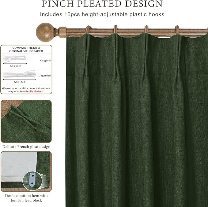 IVAPUPU Linen Pinch Pleated 100% Blackout Curtains for Bedroom - 2 Pages Black Out Green Curtains 108 Inch Long 2 Panel for Living Room Darkening Thermal Window Curtain Drapes with 16pc Hooks