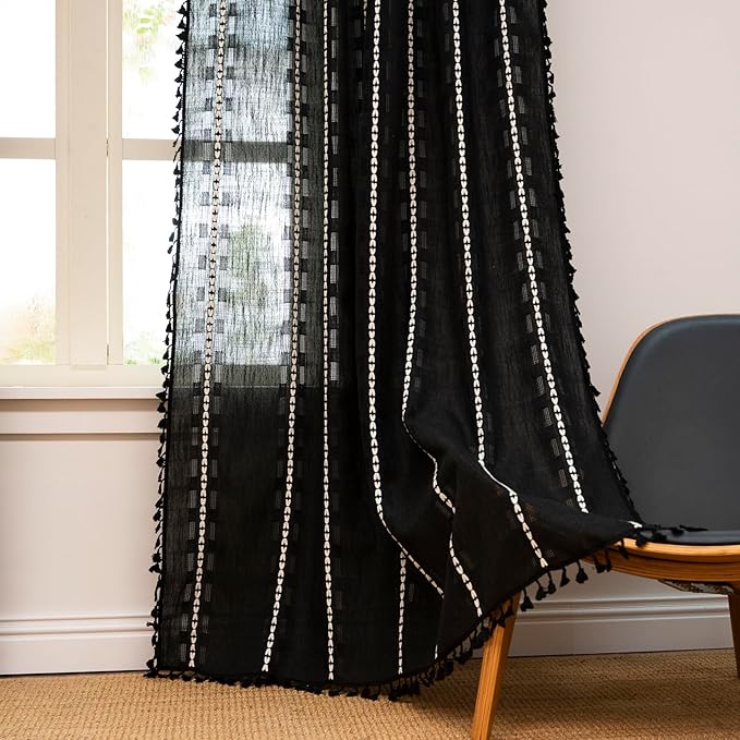 Deeprove Black Boho Curtain 84 inches Length for Living Room Bedroom Nursery, Bohemian 84 inches Long, Mid Century Western Embroidery Textured Halloween Privacy Window Trim Decor W52 x L84, 1 Panel