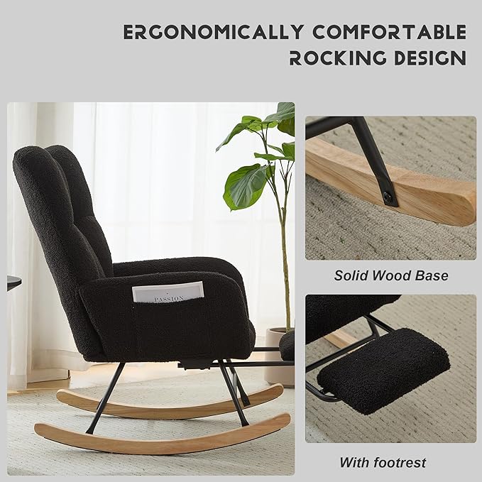 Nursery Rocking Chair Teddy Upholstered Reading Glider Rocker with Footrest Accent Chair with High Backrest Armchair Comfy Side Pocket Chair for Living Room, Bedroom, Offices (Large Black)
