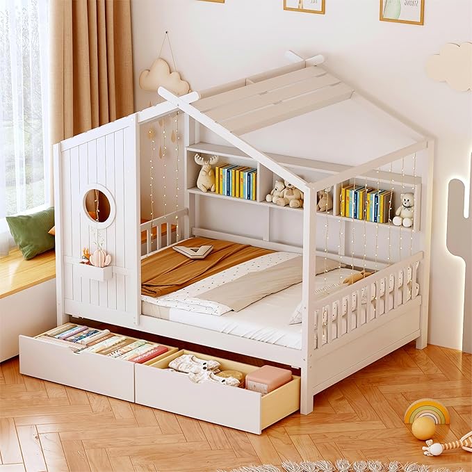 Modern Full Size House Bed with Roof and Window, Wooden Daybed Frame with Shelves and 2 Drawers,Bedroom Furniture for Girls & Boys (White+2 Drawers*)