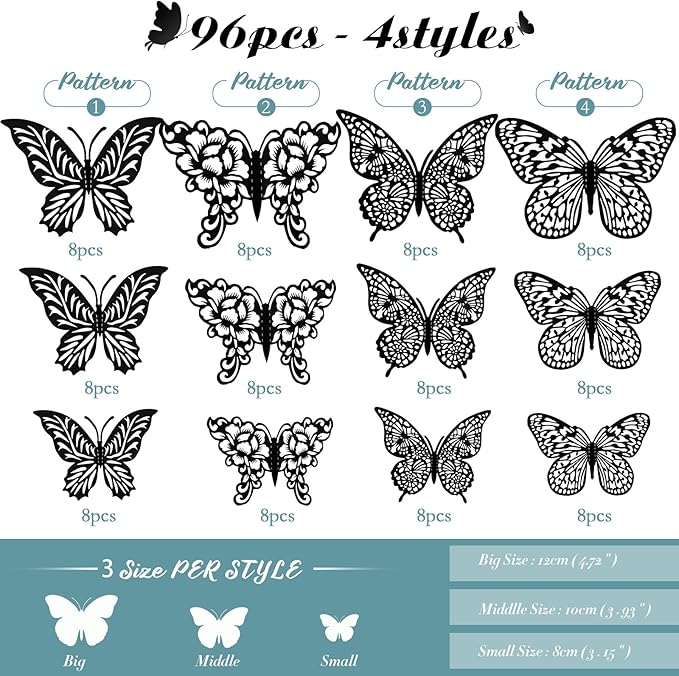 3D Gold Butterfly Wall Decor 3 Sizes 4 Styles Butterfly Party Decorations Cake Decorations Removable Stickers Wall Halloween Decor Room Mural Metallic Kids (Black, 96Pcs)