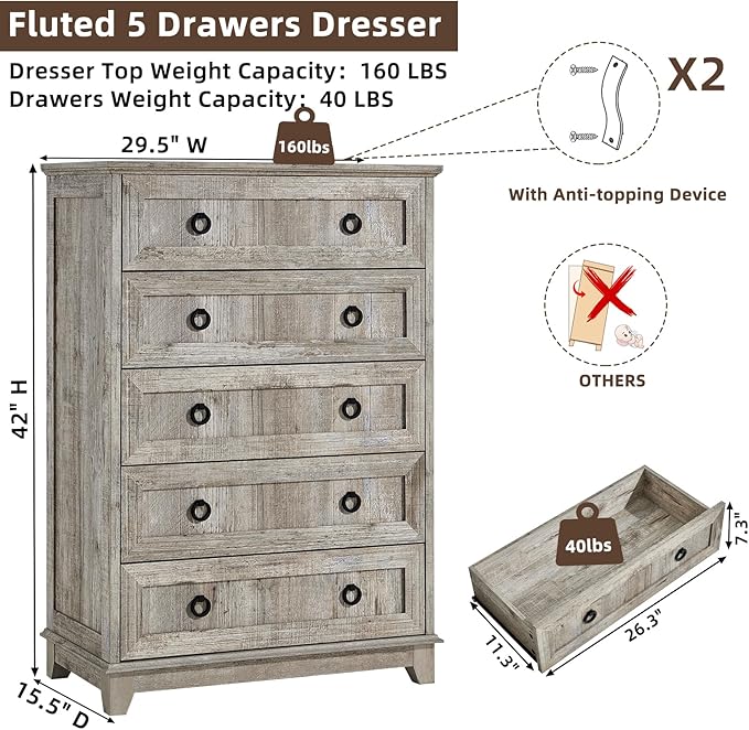 Farmhouse 5 Drawer Dresser for Bedroom, 42" Tall Small Dressers & Chest of Drawers, Rustic Wood Dresser with Metal Handle, Storage Organizer Closet for Living Room, Hallway, Entryway