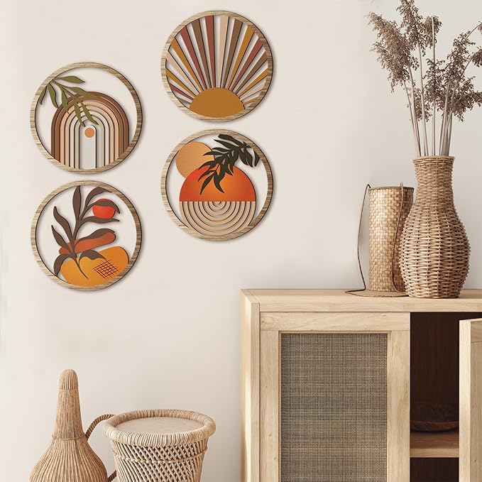 Qunclay 4 Pieces Boho Wall Art Wooden Round Wall Decor Hollow-out Hanging Art Nursery Decor Farmhouse Geometric Hanging 10 Inch Aesthetic Wood Minimalist for Apartment Bedroom Bathroom Gift(Stylish)
