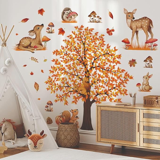 Large Autumn Fall Maple Tree Wall Decals Woodland Animals Creactures Mushroom Wall Stickers for Autumn Party Decorations Bedroom Living Room Wall Decor